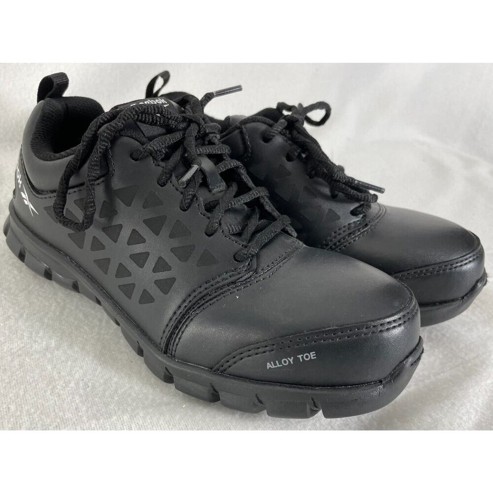 Reebok Sublite Womens Sz 6‎ Alloy Toe Black Leather Work Shoes Safety Sneakers